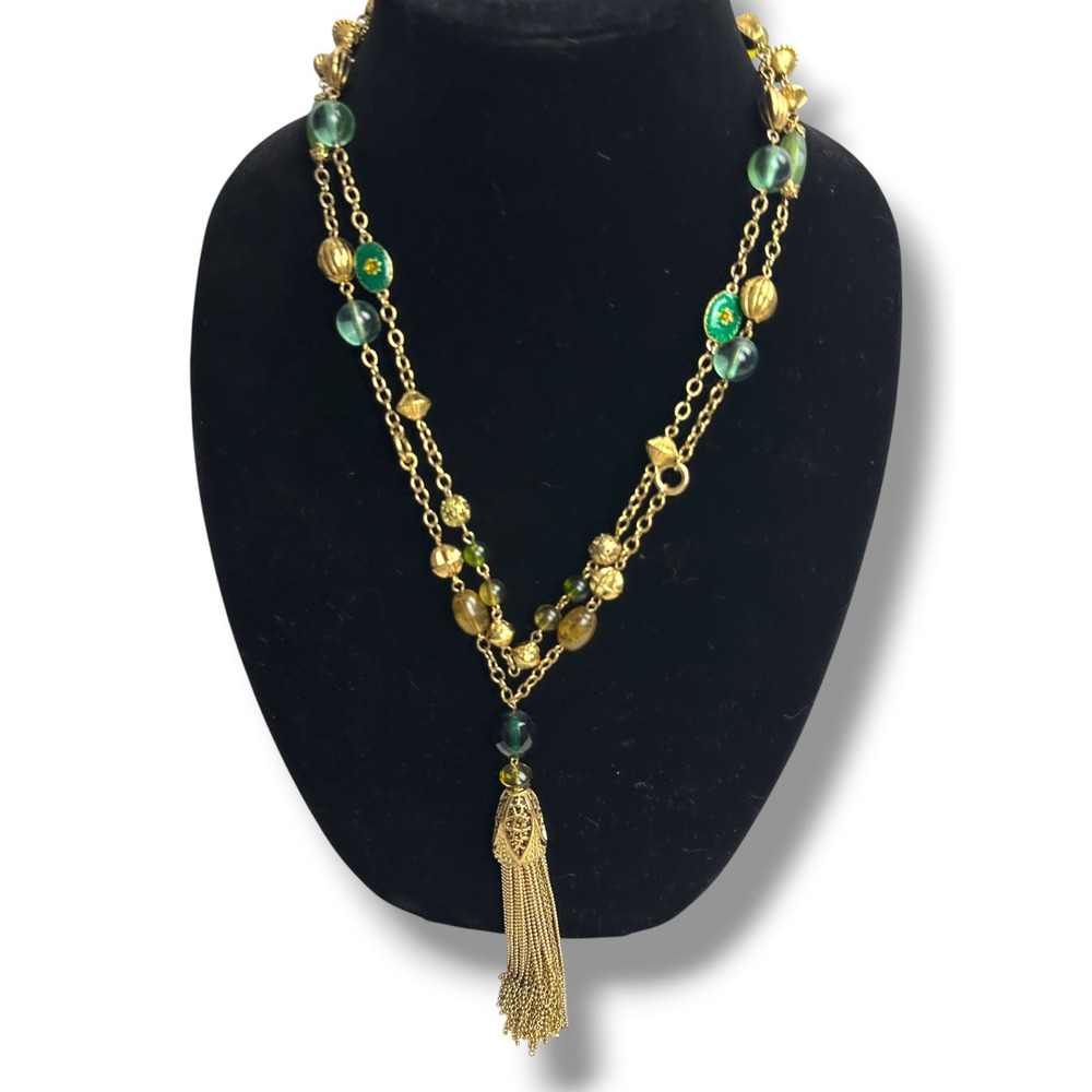Unbranded Tassel Necklace Women OS Gold Green Glass Bead Long Boho Vintage Style